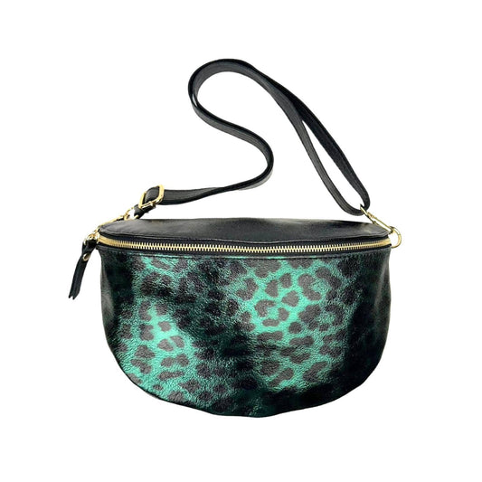 Leather Waist Bag with Leopard Print and Shiny Effect: Bottle Green