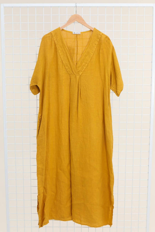 Long dress v-neck 62733 100% linen: Mustard