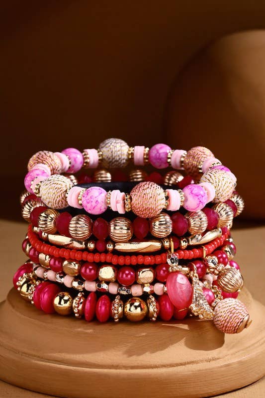 7-Strand Boho Bracelet with Raffia Charms : PINK(PK)