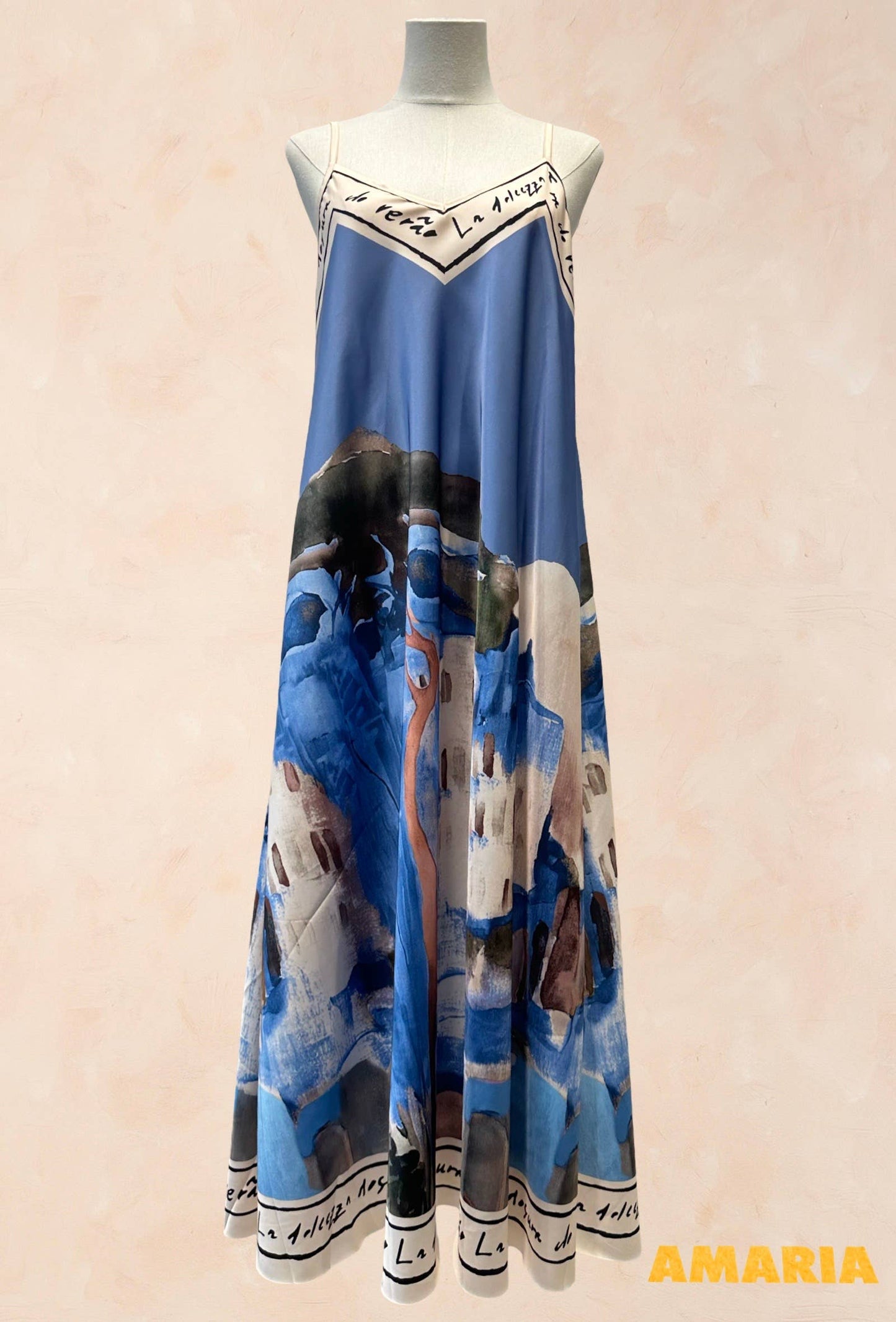 Viscose Silk Printed Fluid Strappy Dress - VISCOSE - 52005: Sky blue