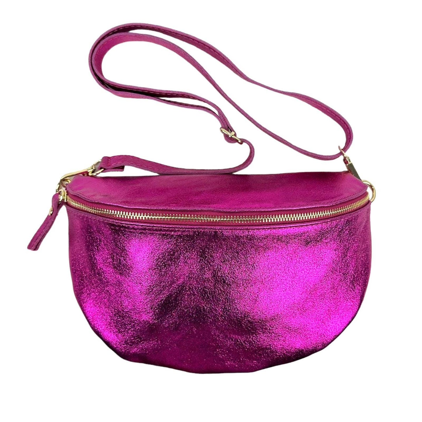 Large Metallic Italian Leather Waist Bag for Women. Sales: Fuchsia