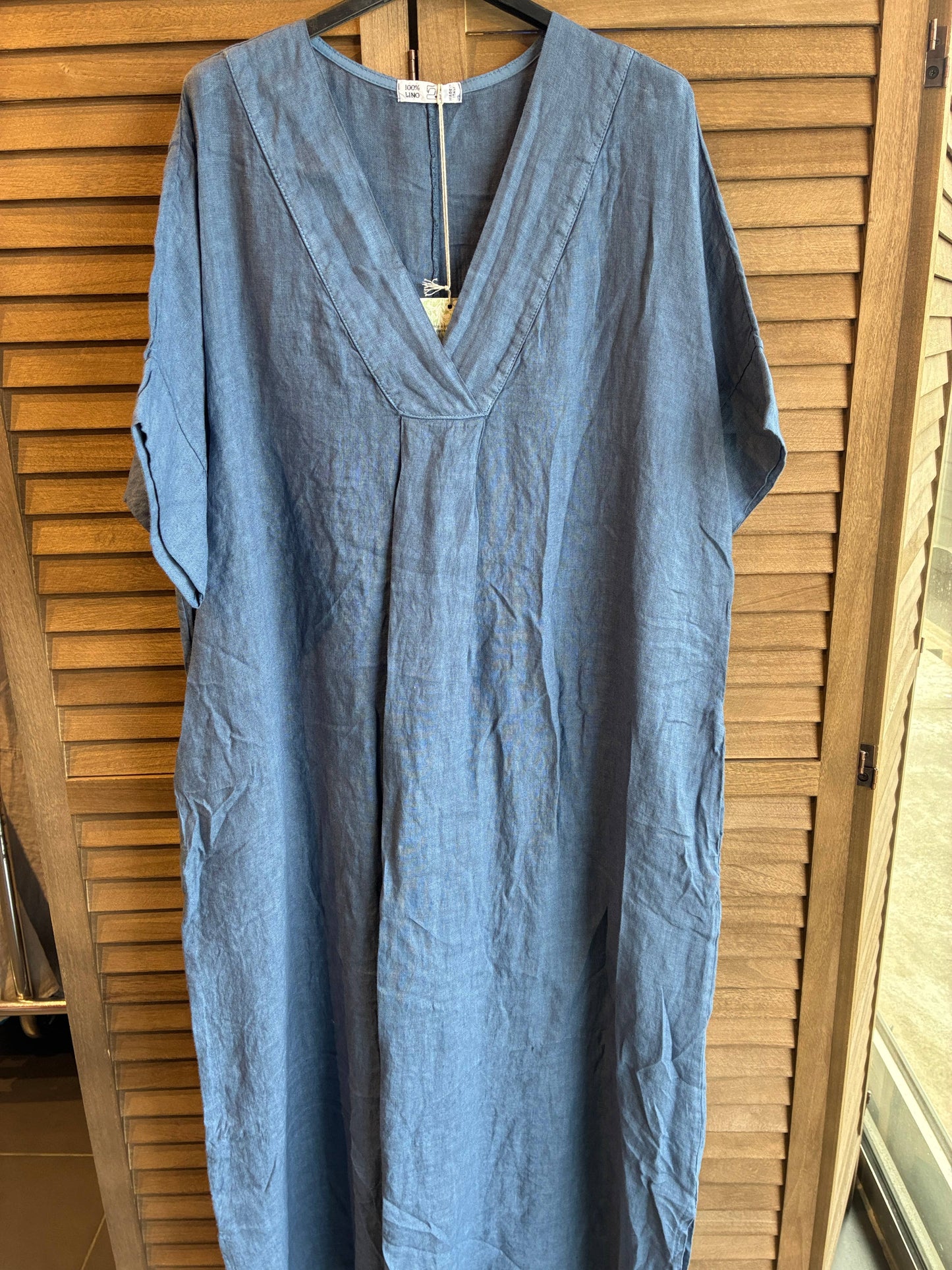 Long dress v-neck 62733 100% linen: Mustard