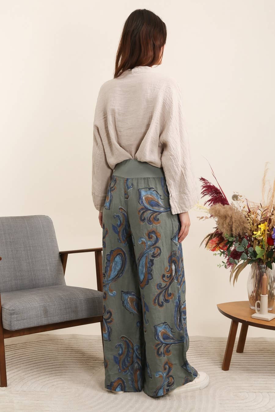 Printed linen trousers 6526 100% LINEN: Azzuro blue