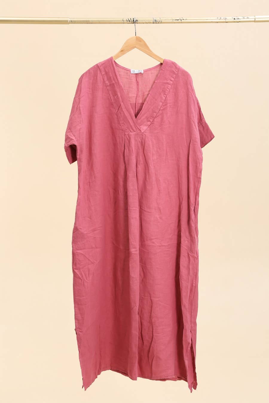 Long dress v-neck 62733 100% linen: Mustard