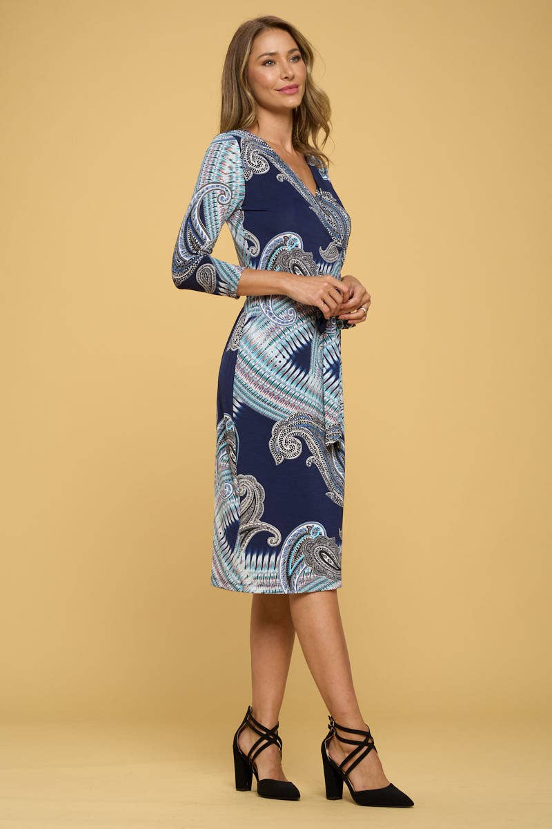 Made in USA Print V neck Wrap Dress with Tie: NAVY