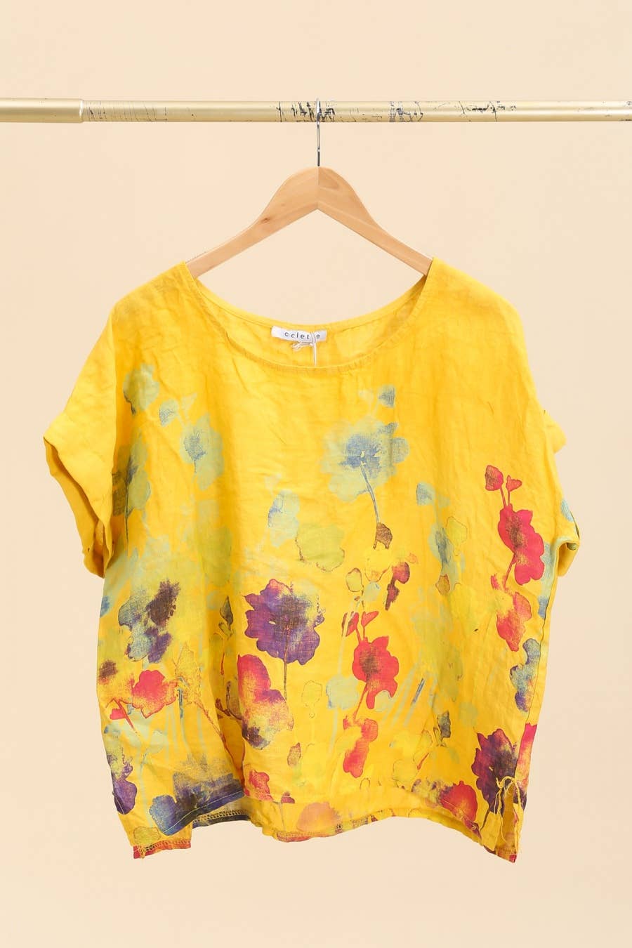 Round neck printed linen T-shirt 23310 100% LINEN: Apple green