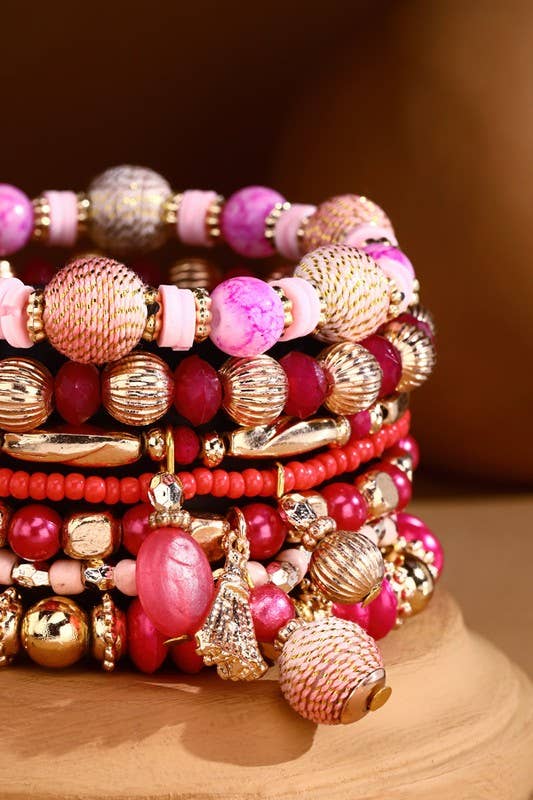 7-Strand Boho Bracelet with Raffia Charms : PINK(PK)