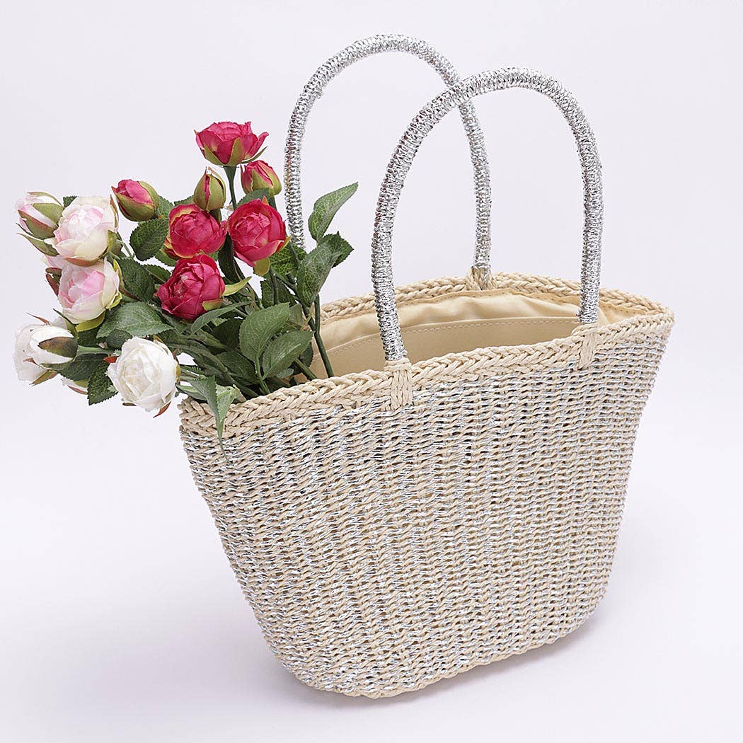 Faux Straw Sunshine Tote: Silver