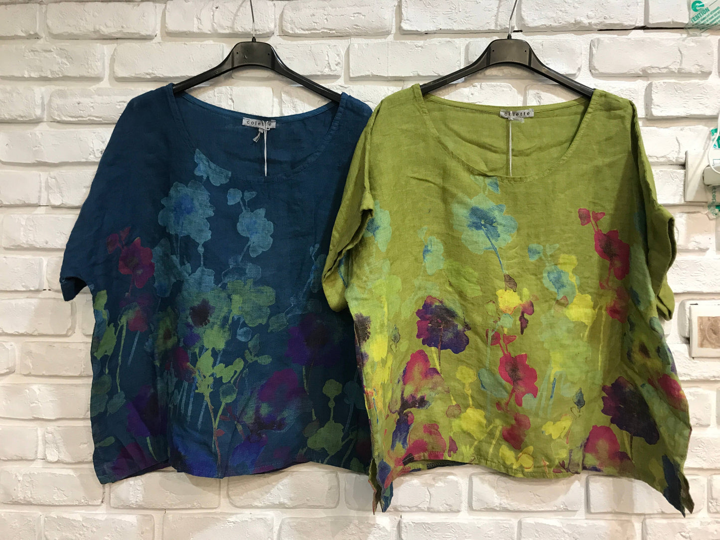 Round neck printed linen T-shirt 23310 100% LINEN: Apple green