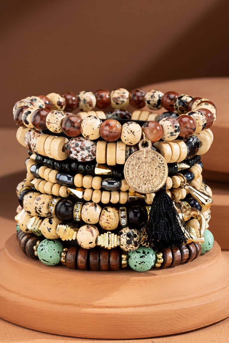 8 Layered Natural Stone & Multi-Bead Bracelet: Brown(Gdbrw), OS