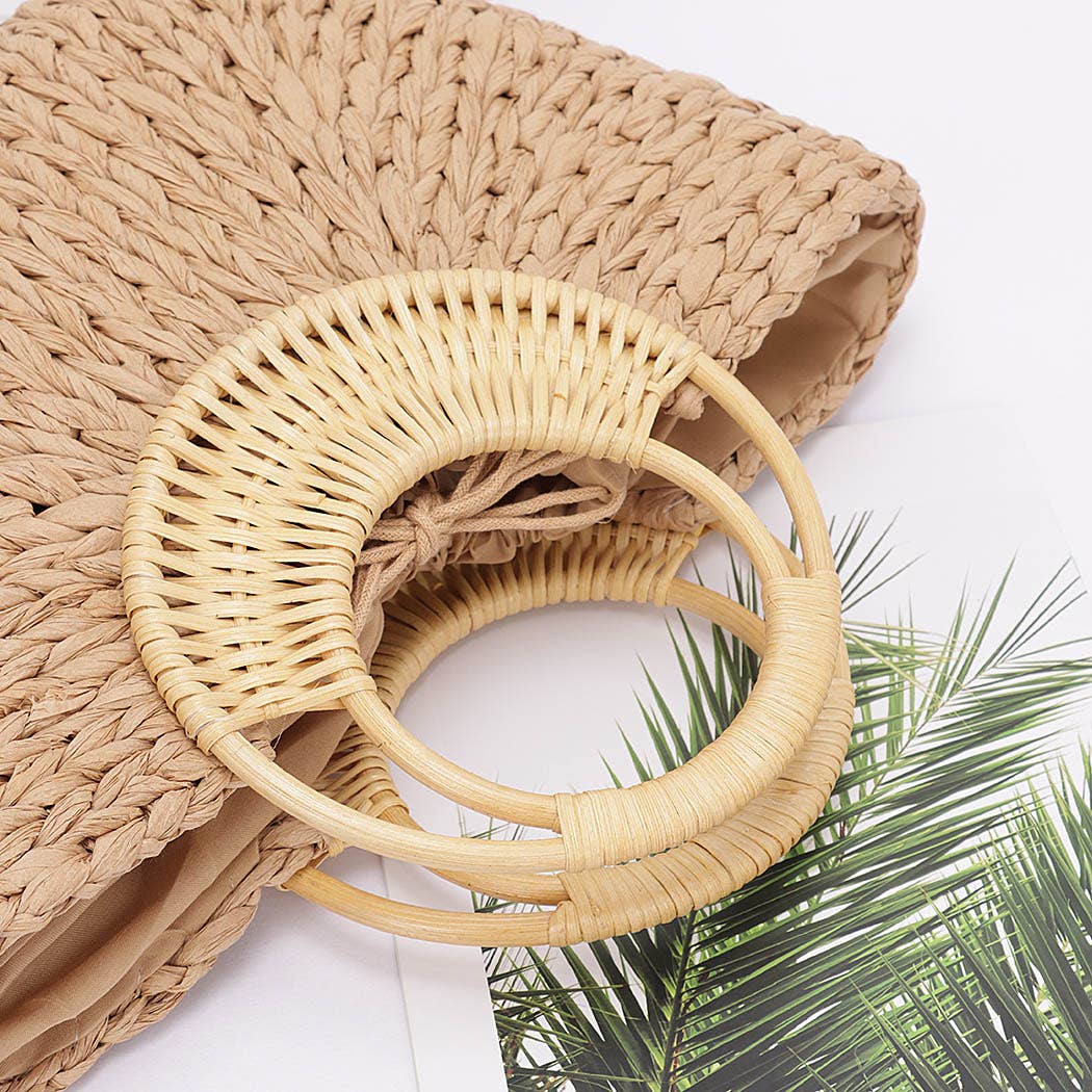 Faux Straw Bamboo Handle Tote Bag
