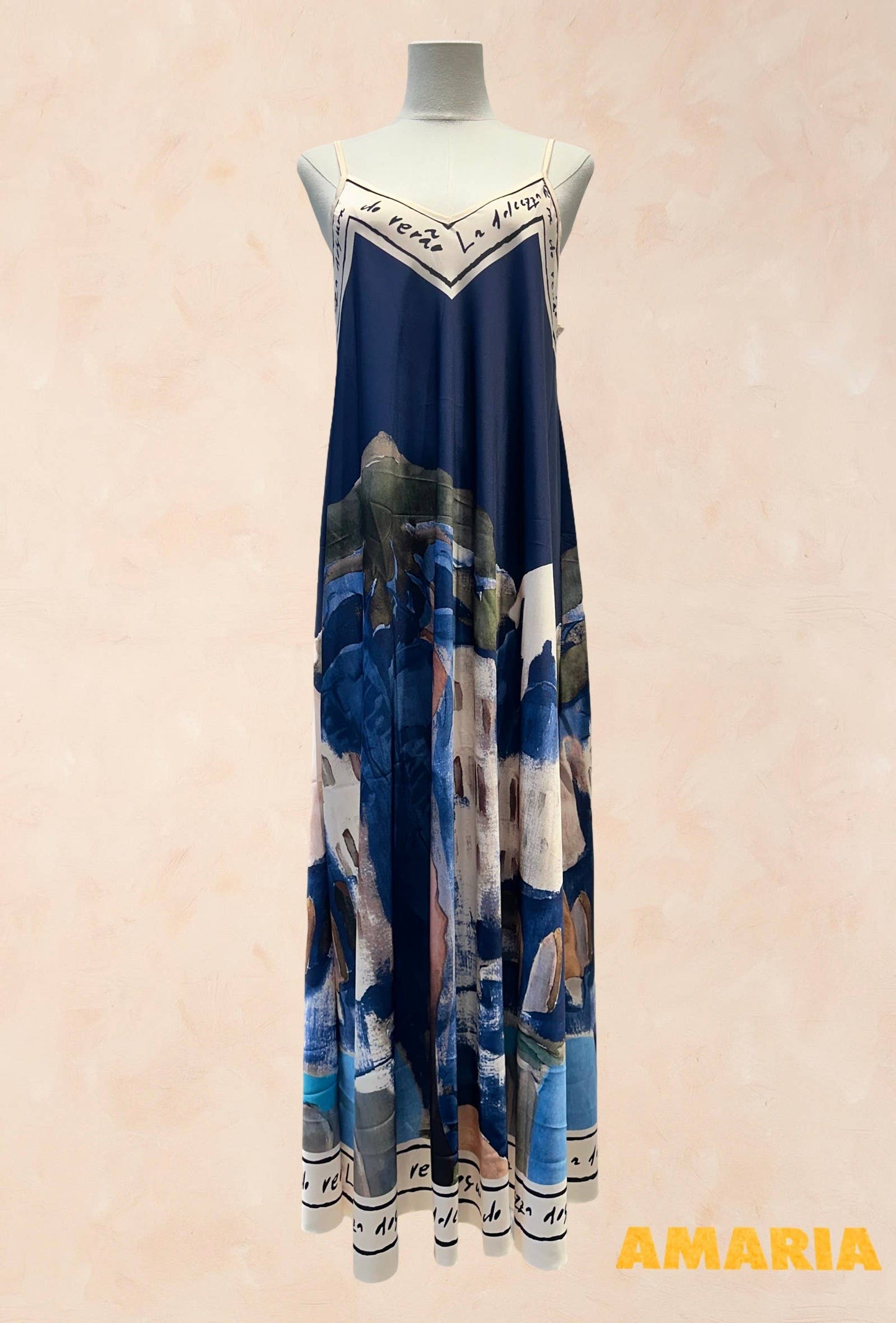 Viscose Silk Printed Fluid Strappy Dress - VISCOSE - 52005: Sky blue
