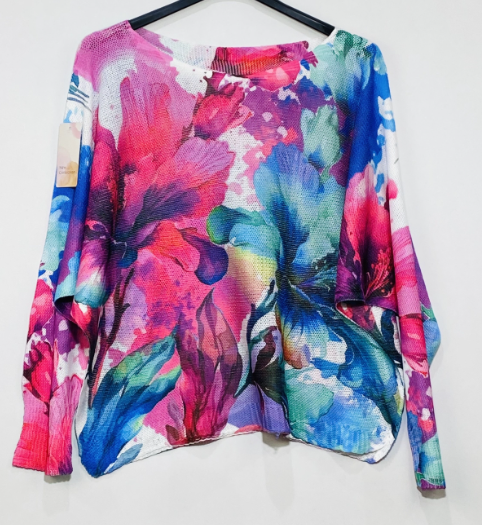 Fuchsia Floral Round Knit Printed Sweater