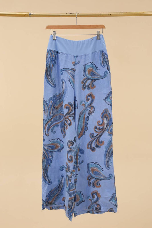 Printed linen trousers 6526 100% LINEN: Azzuro blue