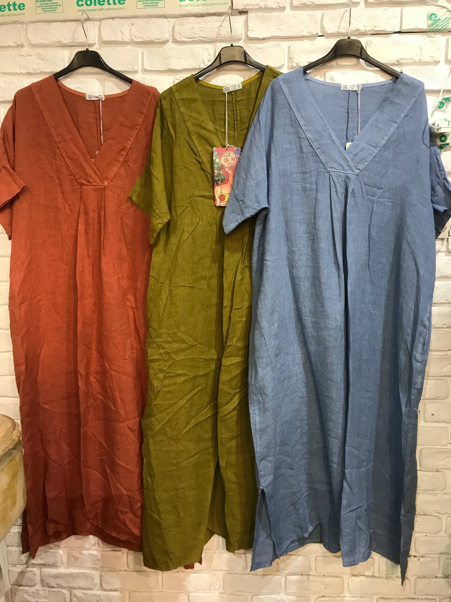 Long dress v-neck 62733 100% linen: Mustard