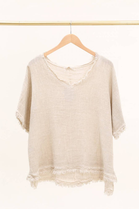 Plain blouse in 50% Linen and 50% Cotton REF. 9828: Beige