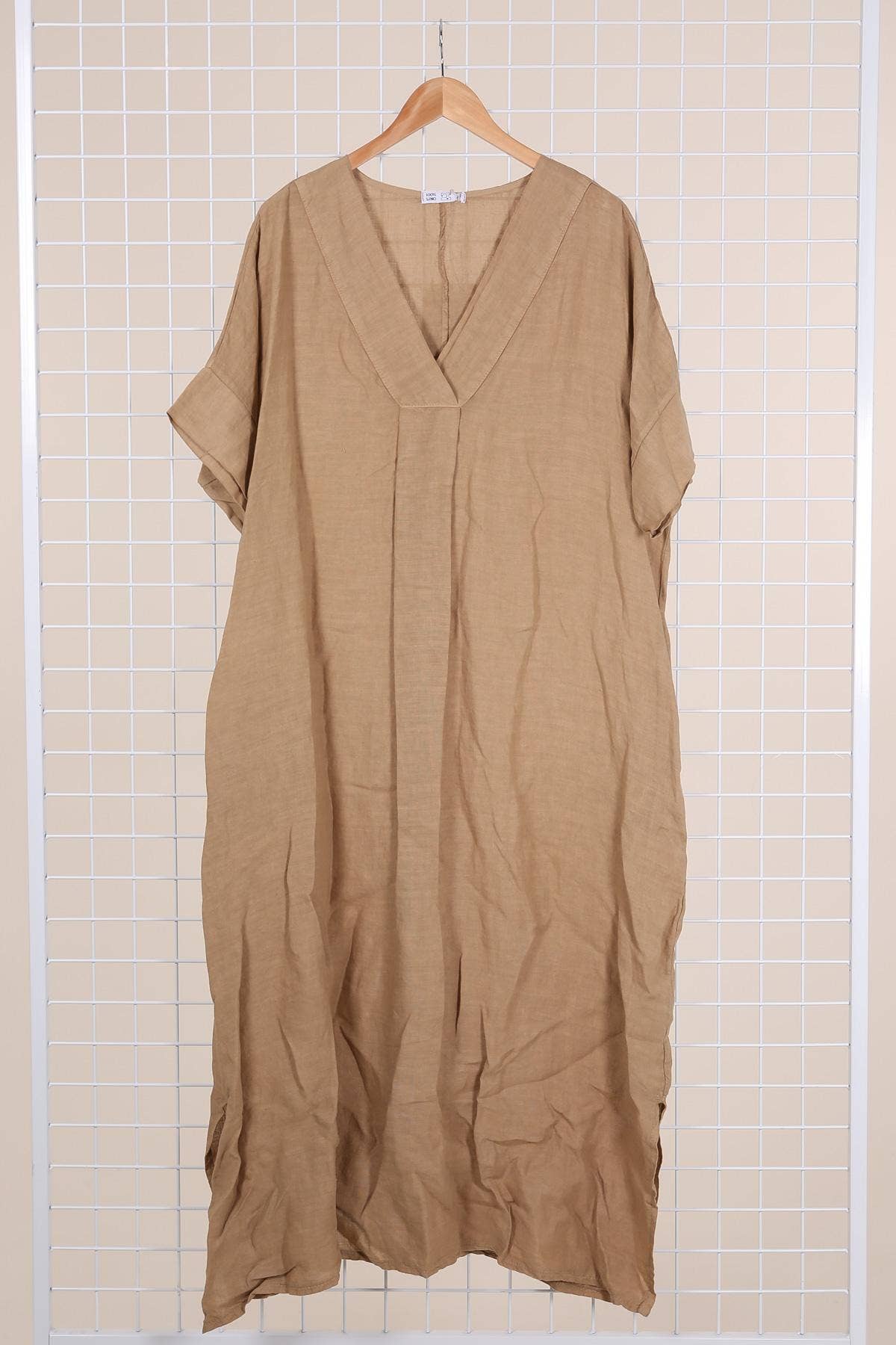 Long dress v-neck 62733 100% linen: Mustard