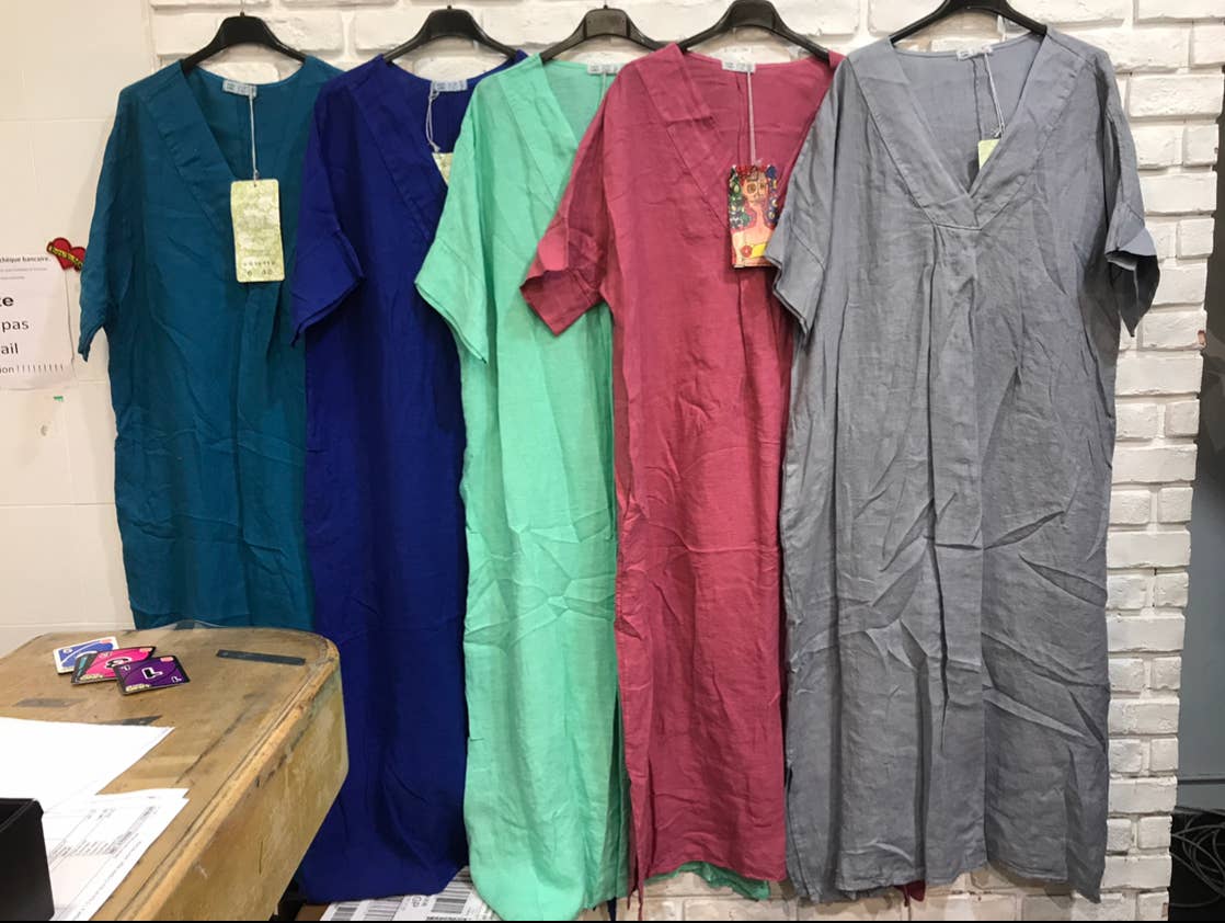 Long dress v-neck 62733 100% linen: Mustard