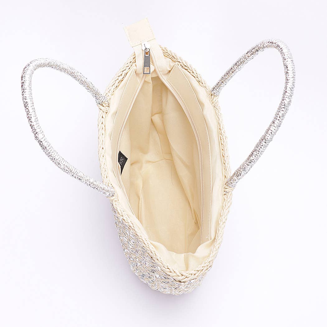 Faux Straw Sunshine Tote: Silver
